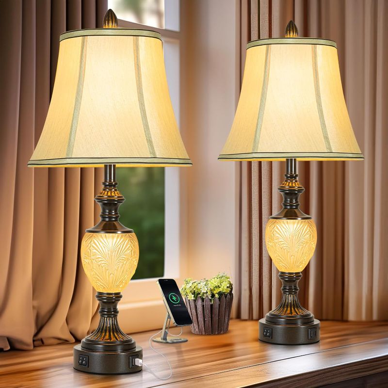 Photo 1 of **READ NOTES**27'' High Vintage Table Lamp Set of 2 for Living Room Farmhouse Bedside Lamp with Fabric Shades Boho Nightstand Lamp with USB and Nightlight for Bedroom Home Office Hotel Bar (Led Bulb Included)
