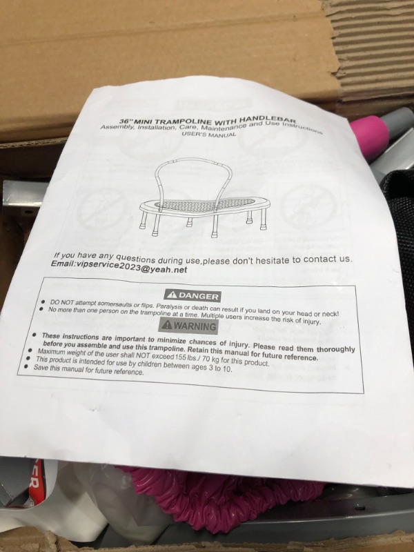 Photo 5 of ***USED - MISSING NUMEROUS PARTS - UNABLE TO VERIFY FUNCTIONALITY***
Ativafit Fitness Trampoline for Kids Foldable Mini Trampoline with Adjustable Foam Handle Workout Indoor Outdoor Home Use Pink 36"