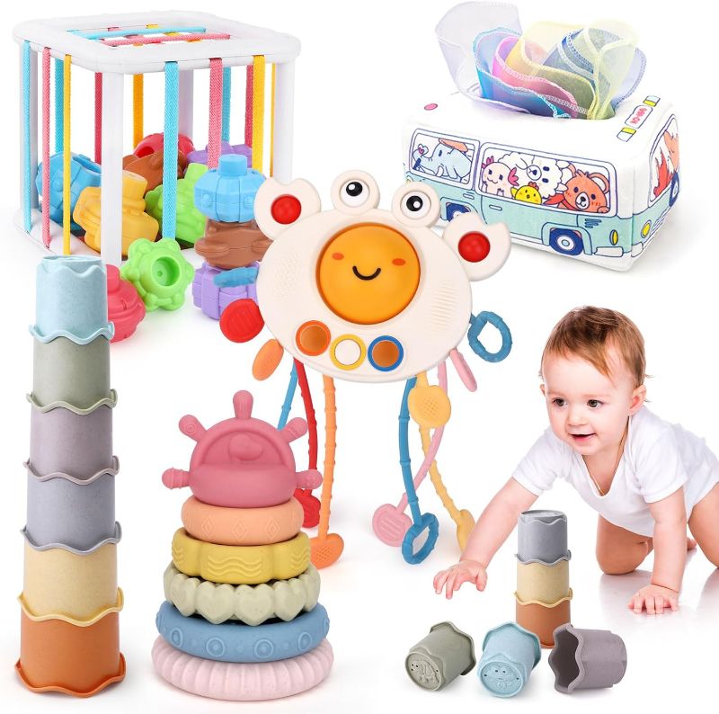 Photo 1 of Montessori Baby Toys 5 in 1 Set for 6-12 Months Including Shape Sorter Toys, Pull String Toy in Crab Shape, Baby Stacking Cups, Tissue Box Toys and Stacking& Nesting Baby Toys, Infant Sensory Toys
