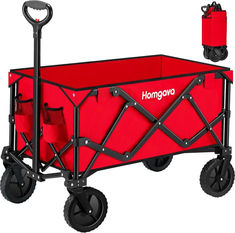 Photo 1 of Collapsible Folding Wagon Cart,Heavy Duty Garden Cart with All Terrain Wheels,Portable Large Capacity Utility Wagon Cart for Camping Fishing Sports Shopping, Red