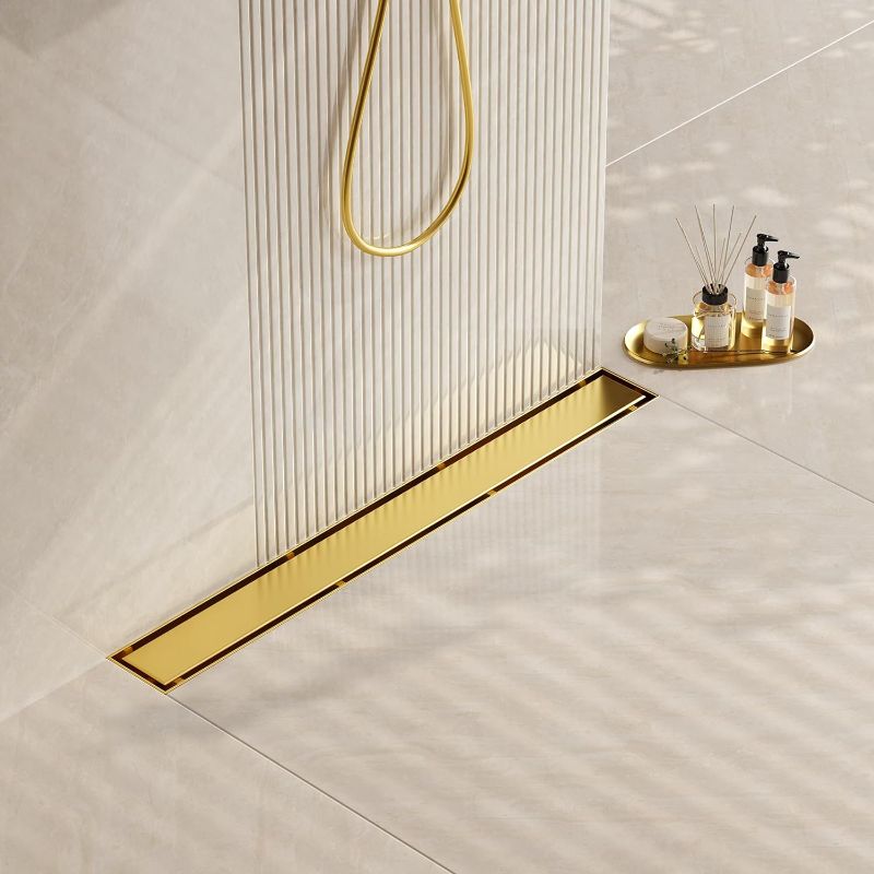 Photo 1 of Neodrain 18-Inch Gold Linear Shower Drain, 2-in-1 Flat & Tile Insert Cover, Stainless Steel Linear Drain, Brushed Brass Rectangle Shower Floor Drain with Hair Strainer, Watermark&CUPC Certified
