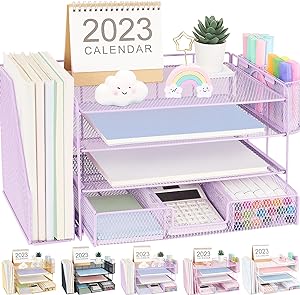 Photo 1 of Desk Organizers and Accessories, 4-Tier Paper Leter Tray Organizer with 2 Pen Holders and File Holder, Desk Organizer with Drawer, Ofice Desk Accesorie for Office Supplies?Purple?
