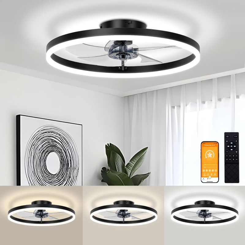 Photo 1 of VOLISUN Low Profile Ceiling Fans with Lights and Remote, 19.7in Flush Mount Ceiling Fan with Light, 3000K-6500K Dimmable Fandelier LED Fan Light, Black Bladeless Ceiling Fans with Lights for Bedroom