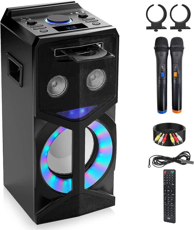 Photo 1 of ***USED - MISSING REMOTE - OTHER PARTS LIKELY MISSING AS WELL - POWERS ON - UNABLE TO TEST FURTHER***
Pyle Audio Video DVD Karaoke PA Speaker System w/2 Wireless Microphones - 800W Built-in Multimedia Disc Player, Bluetooth, FM Radio, USB Slot, LED Displa