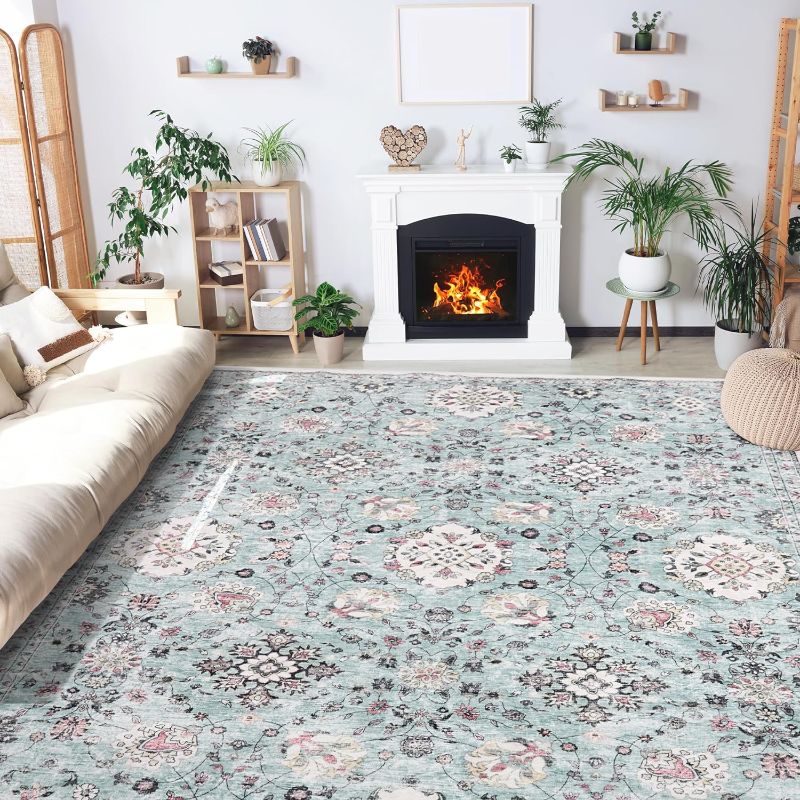 Photo 1 of 8x10 Area Rugs Washable Boho Rug, Non Slip Carpet for Living Room, Bedroom, Kitchen, Soft Low-Pile Rug, Turquoise Green/Floral