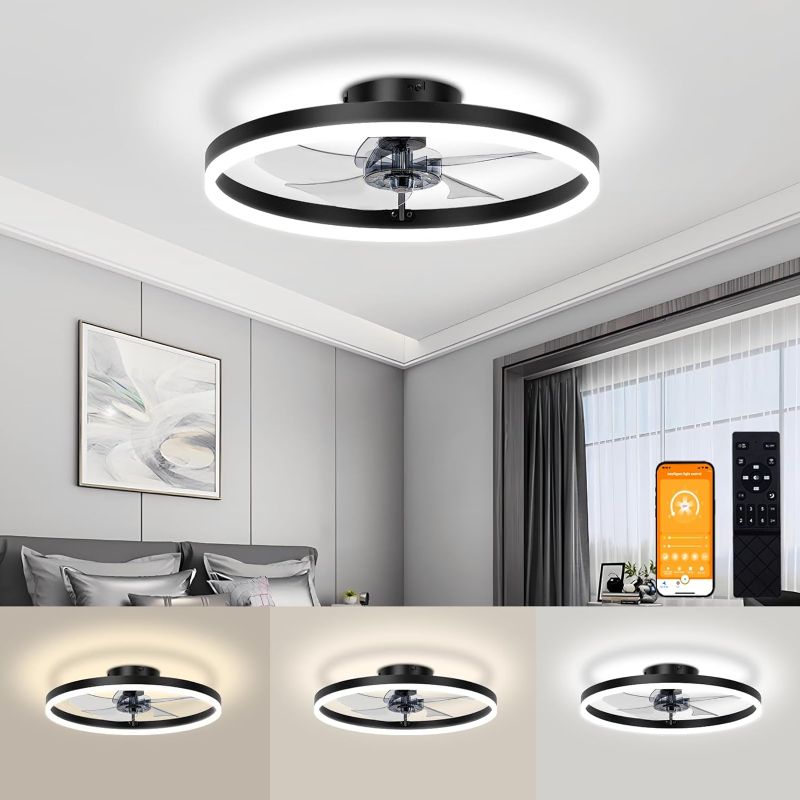 Photo 1 of (NON-REFUNDABLE) VOLISUN Fandelier Ceiling Fans with Light, 15.7in Low Profile Ceiling Fan with Light and Remote, 3000K-6500K Dimmable Bladeless Ceiling Fan Flush Mount, Black Modern Ceiling Fan with Light for Bedroom
