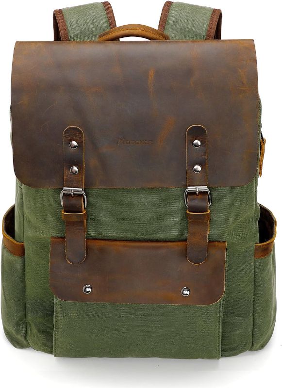 Photo 2 of 
Roll over image to zoom in
Visit the Modoker Store
Modoker Waxed Canvas Backpack, Leather Rucksack Knapsack for Men Woman Vintage Travel Laptop Backpack 15.6 Inch Satchel Backpack, Retro Flap Backpacks Canvas Casual Daypack, Green