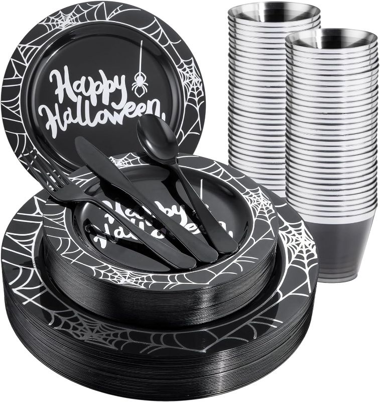 Photo 1 of  Halloween party Dinner Set 150 pcs 25 of each, Dinner Plates, Desert Plates Knives, forks spoons and cups