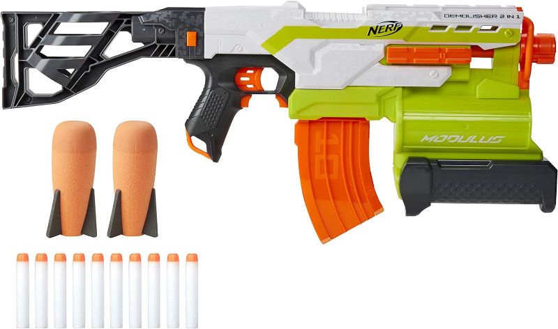 Photo 1 of NERF NERF Modulus Demolisher 2-in-1 Motorized Blaster, Fires Darts and Rockets, Includes 10 Elite Darts, Banana Clip, 2 Rockets, Stock (Amazon Exclusi
