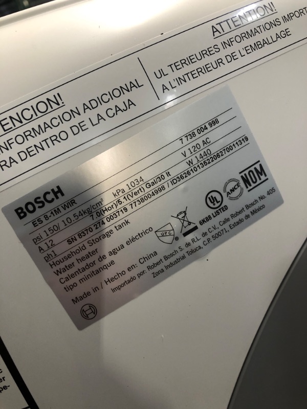 Photo 4 of **NON REFUNDABLE ITEM**(FOR PARTS ONLY)
Bosch Tronic mini-tank es8 7-Gallon Lowboy 6-Year Limited 1440-Watt 1 Element Point of Use Electric Water Heater