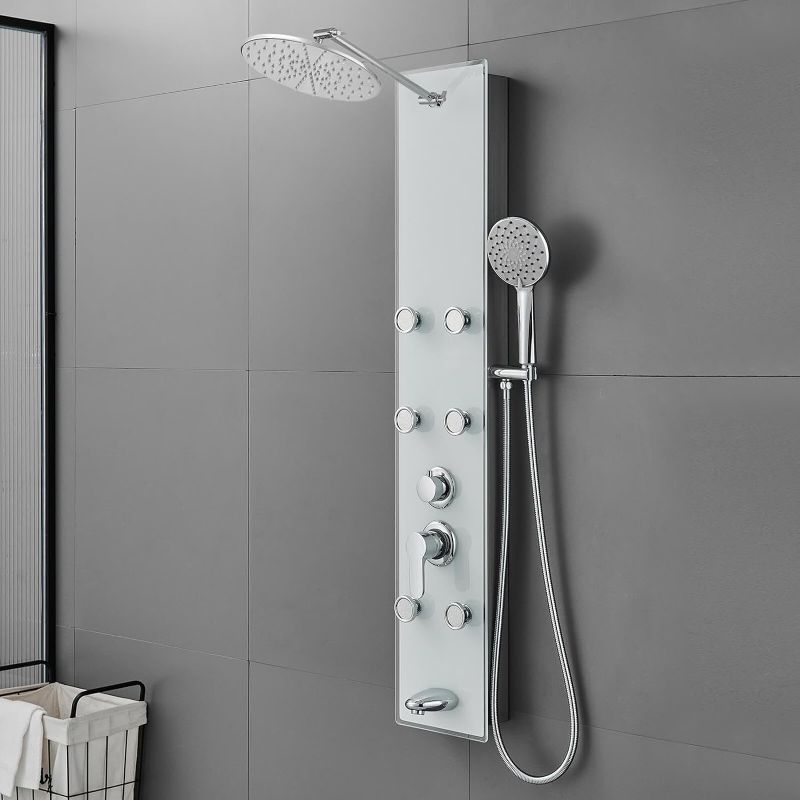 Photo 1 of **FOR PARTS ONLY***(READ NOTES)
ROVOGO Tempered Glass Shower Panel System with Rainfall Shower, 6 Body Jets, Handheld Wand and Tub Spout, Shower Tower with Height Adjustable Shower Arm, White