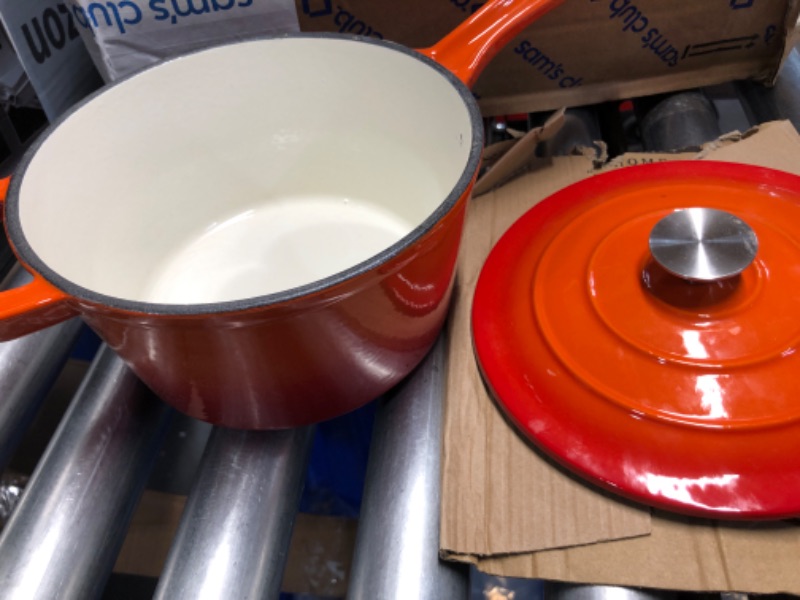 Photo 4 of **READ NOTES**SEE PICS FOR DAMAGE**Enameled Cast Iron Sauce Pan, 2 Quarts Round Sauce Pot with Lid, Mini Dutch Oven Enamel Saucepan for Cooking Pasta Sauce, Marinate, Cook, Refrigerate and Serve, Flame Orange