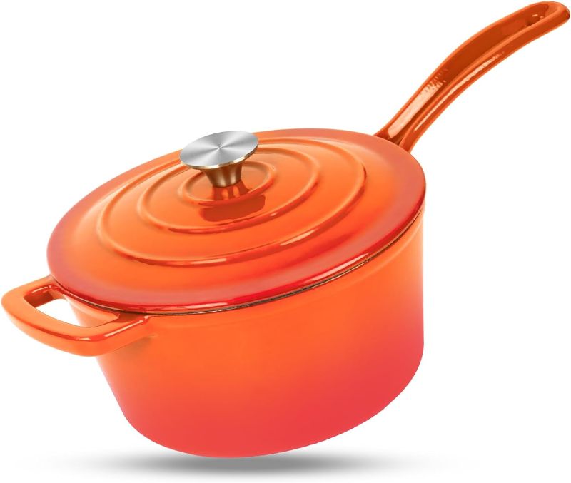 Photo 1 of **READ NOTES**SEE PICS FOR DAMAGE**Enameled Cast Iron Sauce Pan, 2 Quarts Round Sauce Pot with Lid, Mini Dutch Oven Enamel Saucepan for Cooking Pasta Sauce, Marinate, Cook, Refrigerate and Serve, Flame Orange