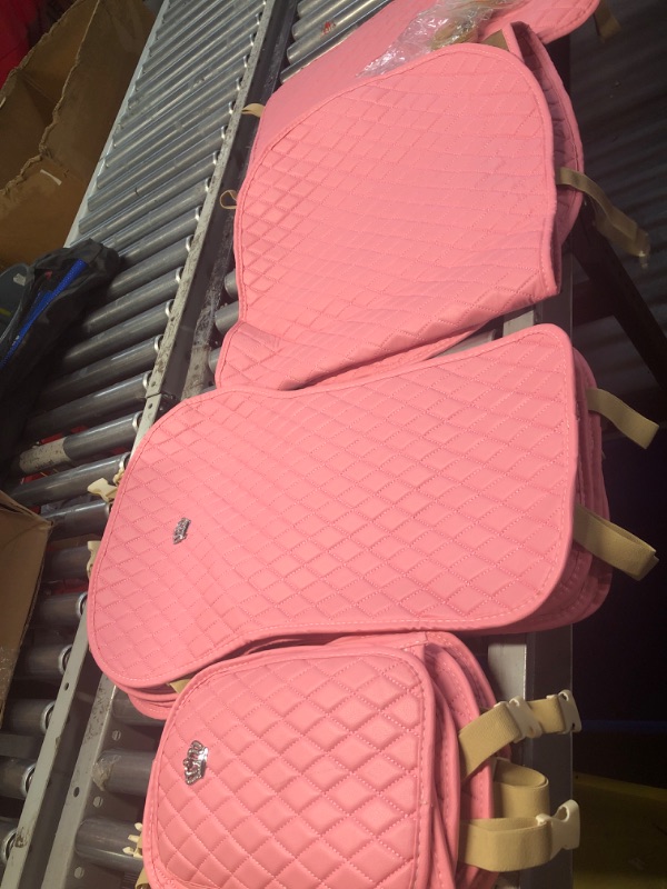 Photo 2 of **SEE NOTES** Pink Car Accessories Set Car Seat Covers Full Set Steering Wheel Cover Headrest Cover with Center Console Pad Cup Holders Seat Belt Pads Gear Cover for Car Interior Decor (Full Set)