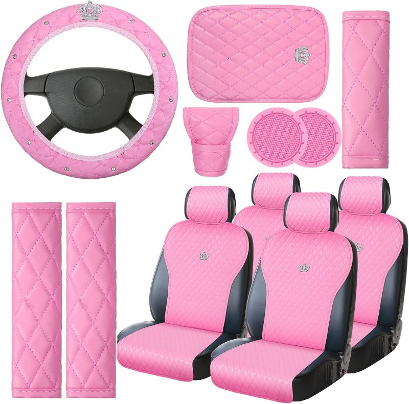 Photo 1 of **SEE NOTES** Pink Car Accessories Set Car Seat Covers Full Set Steering Wheel Cover Headrest Cover with Center Console Pad Cup Holders Seat Belt Pads Gear Cover for Car Interior Decor (Full Set)