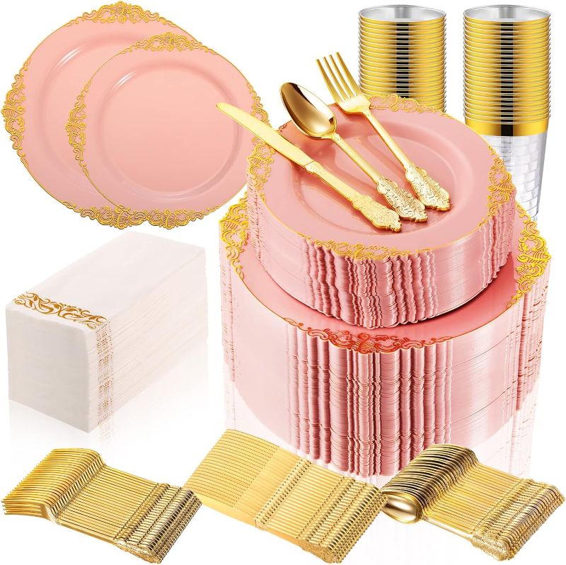 Photo 1 of (NON-REFUNDABLE) 525 Pcs Pink Plastic Plates with Gold Disposable Silverware Include 75 Dinner Plates 75 Dessert Plates 75 Cups 75 Forks 75 Spoons 75 Knives 75 Napkins for 75 Guest Dinnerware for Wedding Party Shower