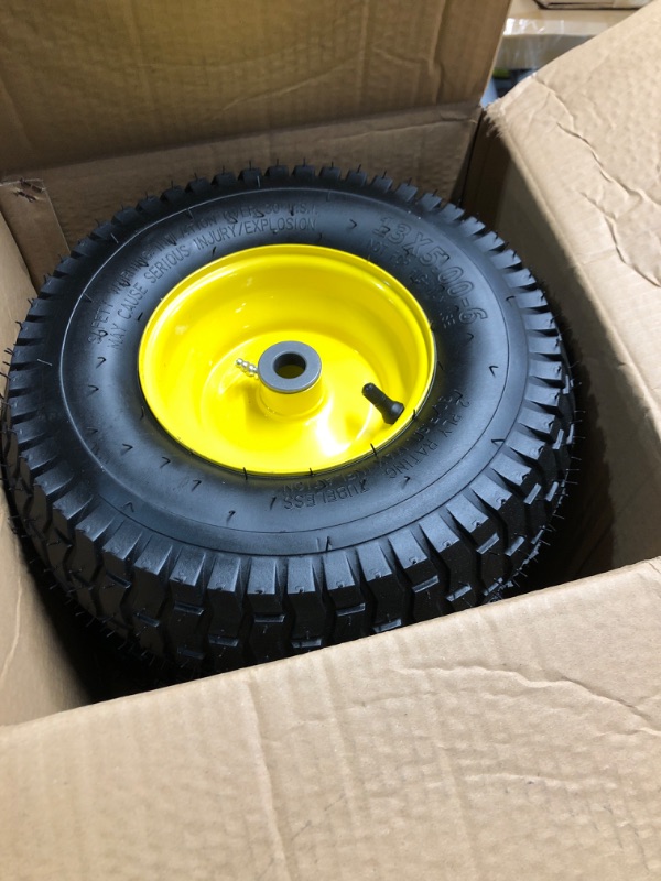 Photo 2 of (2 Pack) AR-PRO Exact Replacement 15" x 6.00-6" Front Tire and Wheel Assemblies for John Deere Riding Mowers - Compatible with John Deere 100 and D100 Series - 3” Centered Hub and 3/4” Bushings 15 x 6.00-6" Yellow