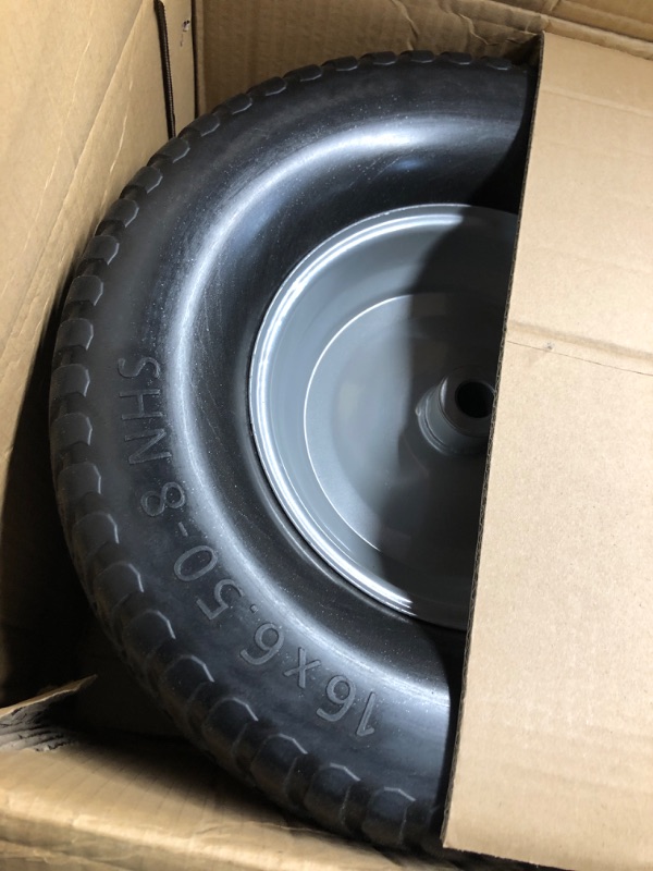 Photo 2 of (2-Pack) 16x6.50-8 Tire and Wheel Flat Free - Solid Rubber Riding Lawn Mower Tires and Wheels - With 3" Offset Hub and 3/4" Bushings - 16x6.5-8 Tractor Turf Tire Turf-Friendly 3mm Treads
