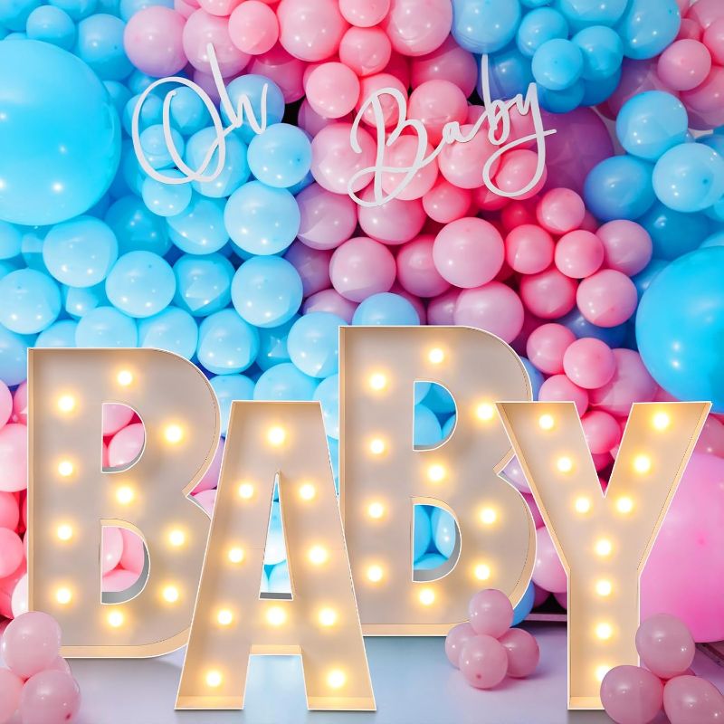 Photo 1 of (READ FULL POST) 3.3 Feet Marquee Letter Lights Baby Light up Mosaic Baby Sign Letters Decoration Set with Light String Marquee Mosaic Balloons Frame for Baby Shower Birthday Party Supplies