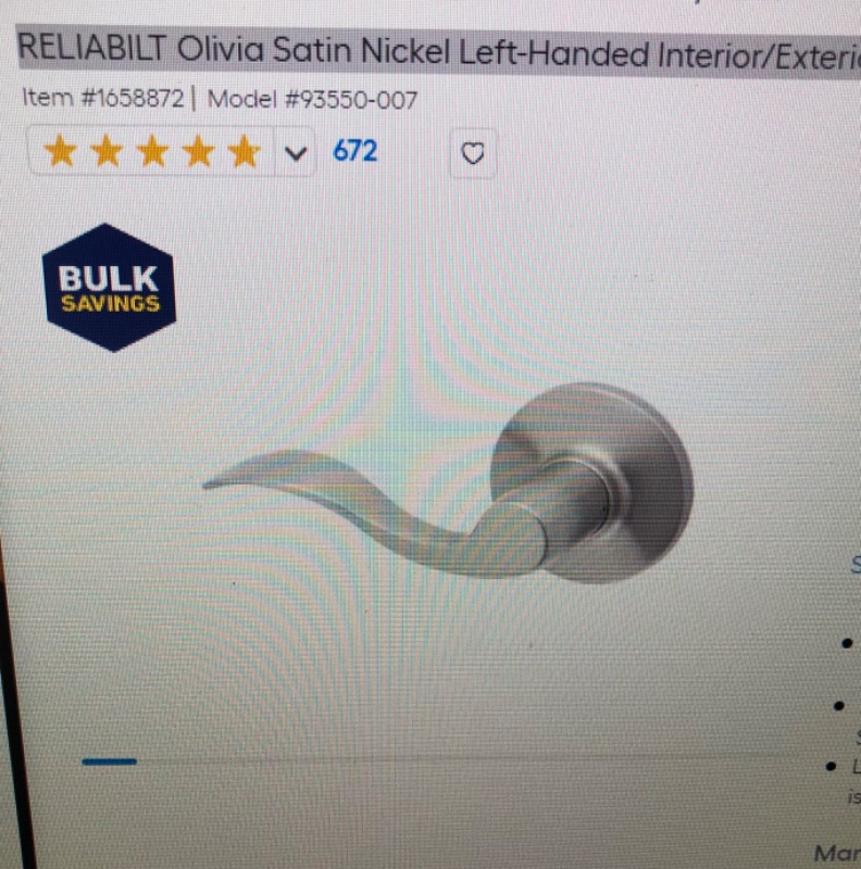 Photo 1 of   RELIABILT Olivia Satin Nickel Left-Handed Interior/Exterior Dummy Door Handle