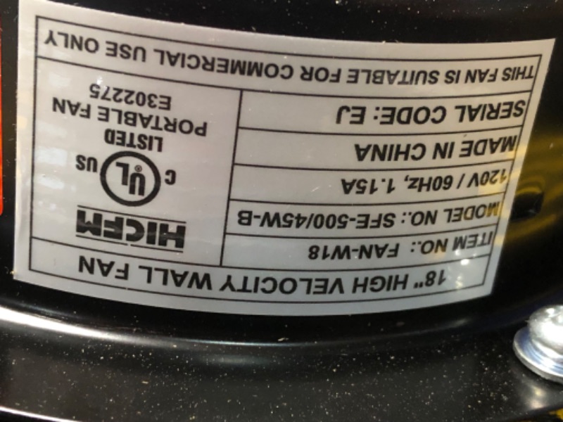 Photo 4 of ***USED - LIKELY MISSING PARTS - UNABLE TO VERIFY FUNCTIONALITY***
4600 CFM 18 inch High Velocity Wall Mounted Fan, TEAO Enclosure Motor, Safety Yellow Blade, 9 FT Cord, 180 Degree Tilting, 3 Speed Industrial Shop Fan for Patio, Garage Use - UL Listed