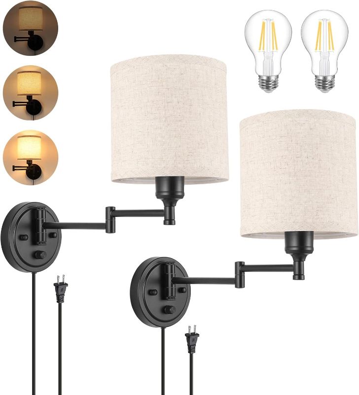 Photo 1 of ENCOMLI Dimmable Plug in Wall Sconces, Swing Arm Wall Lamp with Plug in Cord, Wall Sconces Set of Two, Plug in Wall Light, Linen Fabric Shade, 2pcs Bulbs Included