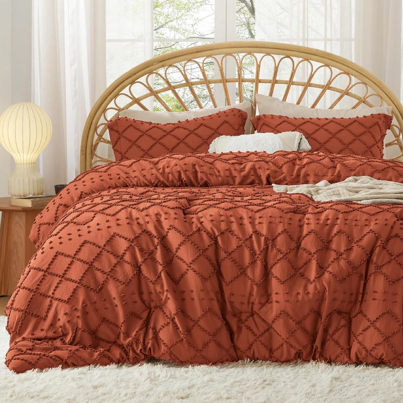 Photo 1 of Bedsure Boho Comforter Set King - Terracotta Tufted Shabby Chic Bedding Comforter Set for All Seasons, 3 Pieces Western Comforter Set, Farmhouse Modern Bed Set for Women Men Girls King 16 - Terracotta