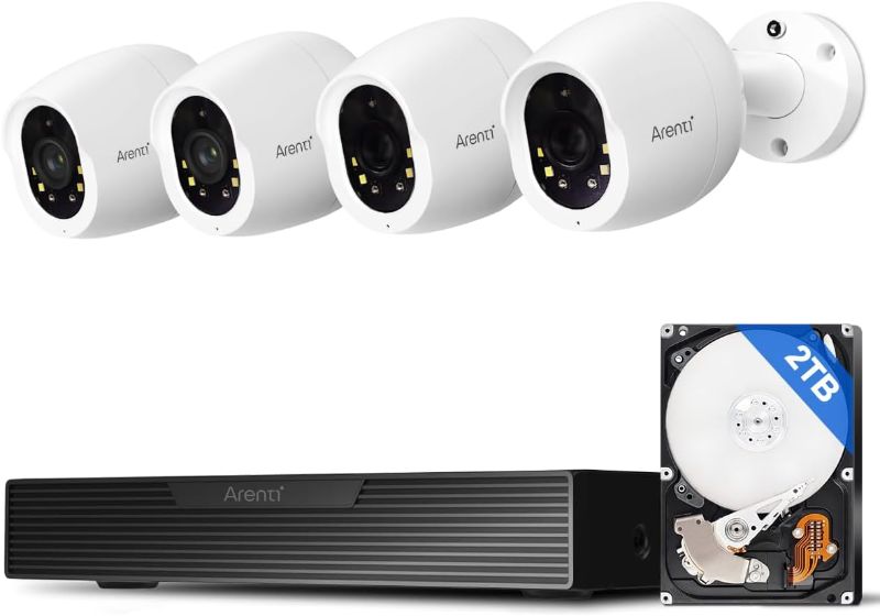 Photo 1 of ARENTI 4K Security Camera System, 8MP POE Camera System with AI Person Vehicle Detection, 4PCS 4K POE Security Cameras, H.264+ 4K 8CH NVR with 2TB HDD for 24-7 Recording, AIK8-810B4 White