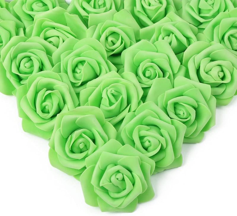 Photo 1 of IPOPU Artificial Rose Flower Heads, 100 Pcs Real Looking Light Green Foam Fake Roses for DIY Wedding Baby Shower Centerpieces Arrangements Party Tables Home Decorations (Light Green, Stemless)