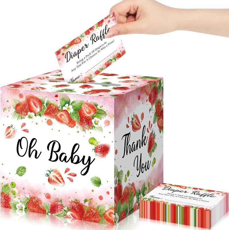 Photo 1 of 50 Pcs Sweet Strawberry Diaper Raffle Tickets with Diaper Raffle Box Strawberry Baby Shower Decoration Diaper Raffle Game Kit Baby Shower Holder Box for Girl Gender Reveal Party Favor Supply