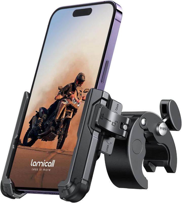 Photo 1 of Lamicall Motorcycle Phone Mount Holder - [Camera Friendly] [1s Lock] Bike Phone Holder Handlebar Clamp, Bicycle Scooter Phone Clip, for iPhone 15 Pro Max, 14 13 Mini, 2.4~3.54" Wide Phones, Black