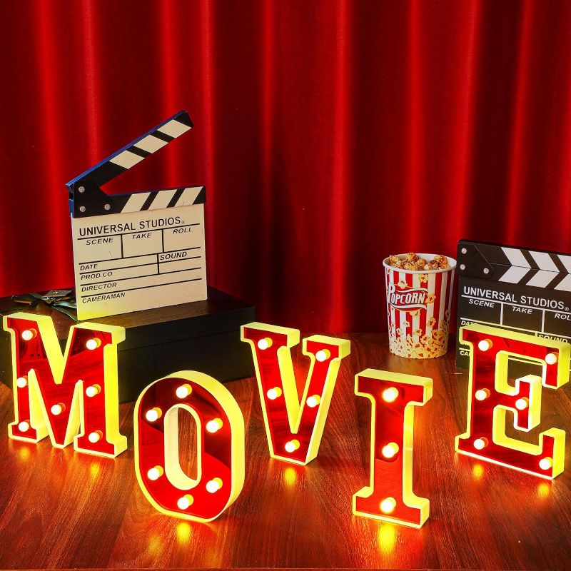 Photo 1 of Movie  Letters Sign Movie Theater Decor Movie Theater Decor Marquee Light LED Letter Lights for Movie Night Party Supplies