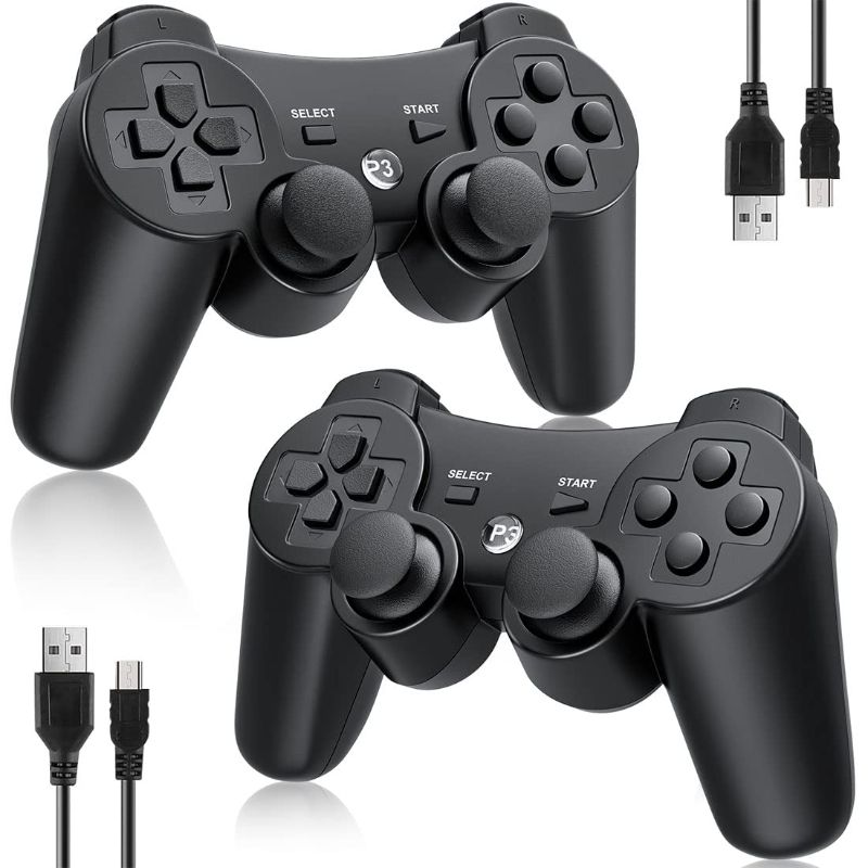 Photo 1 of OKHAHA Controller 2 Pack for PS3 Wireless Controller for Sony Playstation 3, Double Shock 3, Bluetooth, Rechargeable, Motion Sensor, 360° Analog Joysticks, Remote for PS3, 2 USB Charging Cords, Black