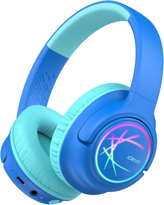 Photo 1 of iClever Kids Bluetooth Headphones with LED Lights, BTH18 Safe Volume 74/85/94dBA, 43H Playtime, Bluetooth5.3 Kids Headphones Wireless Aux Cord for iPad/Tablet/Travel/School, Blue