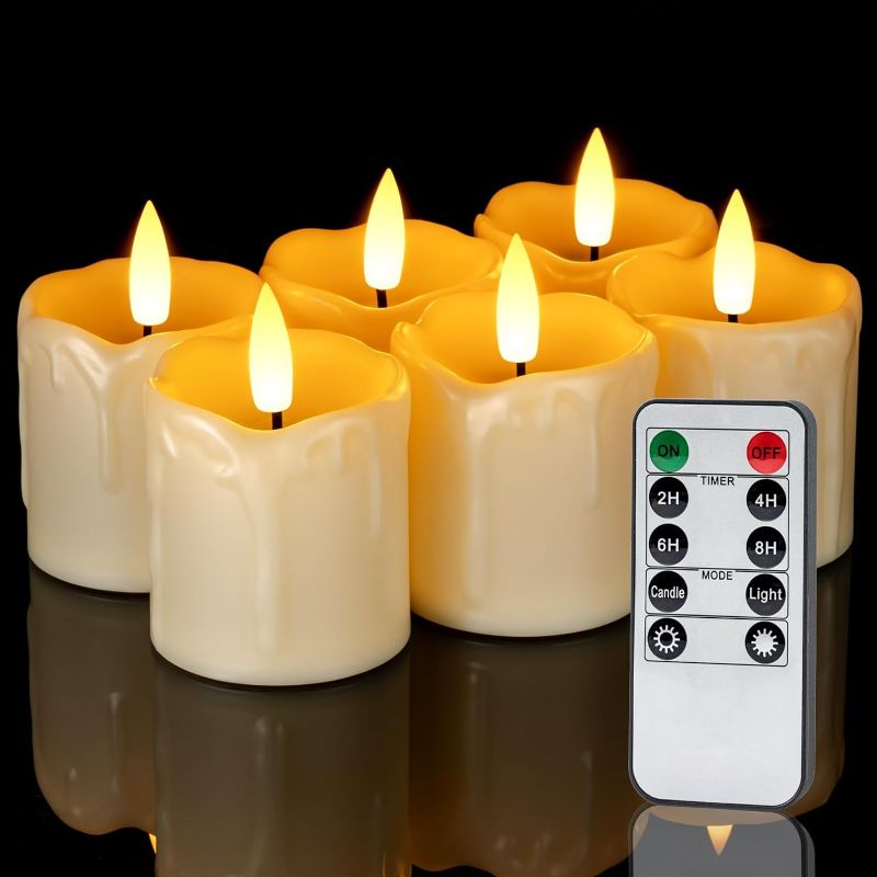 Photo 1 of Homemory 2" x 2" Timer Flickering Flameless Votive Candles, Realistic Battery Operated Candles, 6Pack 3D Wick Electric Fake Candles for Christmas, Wedding, Home Decorations (Ivory Base