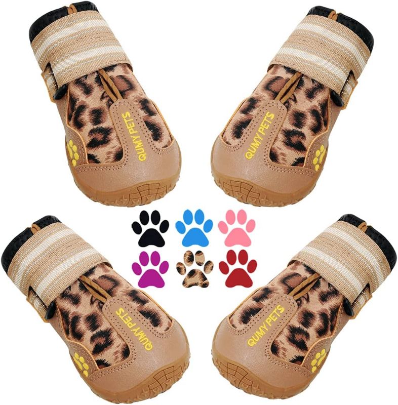 Photo 1 of QUMY Dog Shoes for Large Dogs, Medium Dog Boots & Paw Protectors for Winter Snow Day, Summer Hot Pavement, Waterproof in Rain Weather, Outdoor Walking, Indoor Hardfloors Anti Slip Sole Leopard Size 1