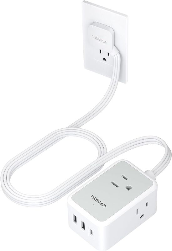 Photo 1 of Small Flat Plug Power Strip, TESSAN Ultra Thin Extension Cord with 3 USB Wall Charger (1 USB C), 3 Outlets Mini Charging Station, 5 ft Slim Plug for Cruise Travel Office School Dorm Room Essentials