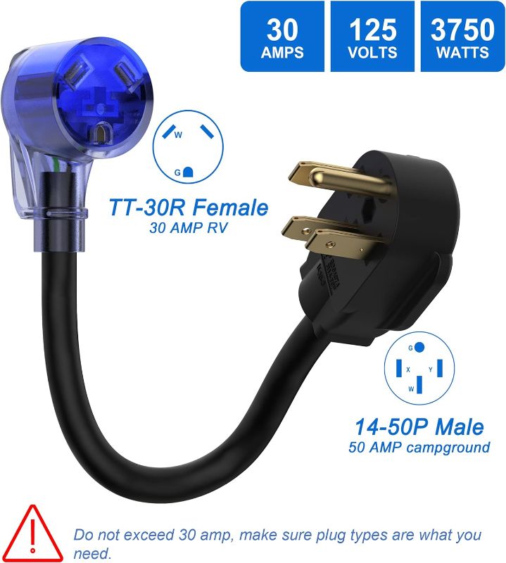 Photo 1 of Heavy Duty RV Adapter/Converter/Electrical Adapter/Receptacle/Dog Bone for Camper, NEMA N14-50P 50amp Male to TT-30R 30amp Female, 110 or 120 Volt, STW 10 Gauge,18“, ETL Certified Cord