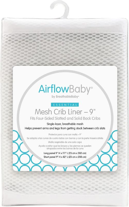 Photo 1 of AirflowBaby Breathable Mesh Liner for Full-Size Cribs, 9"H (23cm) Essential 2mm Mesh, White (Size 4FS Covers 3 or 4 Sides)