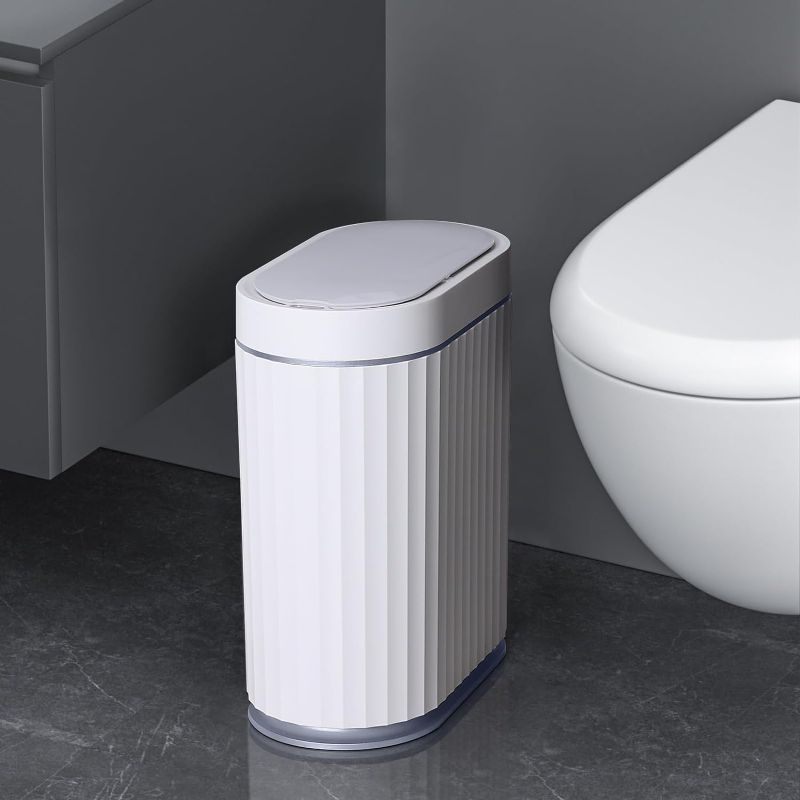 Photo 2 of (similar to stock photo) ELPHECO Motion Sensor Trash Can with Lid 2 Pack Automatic Small Slim Garbage Can Waterproof Smart Trash Bin for Bathroom, Kitchen, Office, Bedroom, Living Room, Toilet (White, 3.5 + 4.5 Gallon)