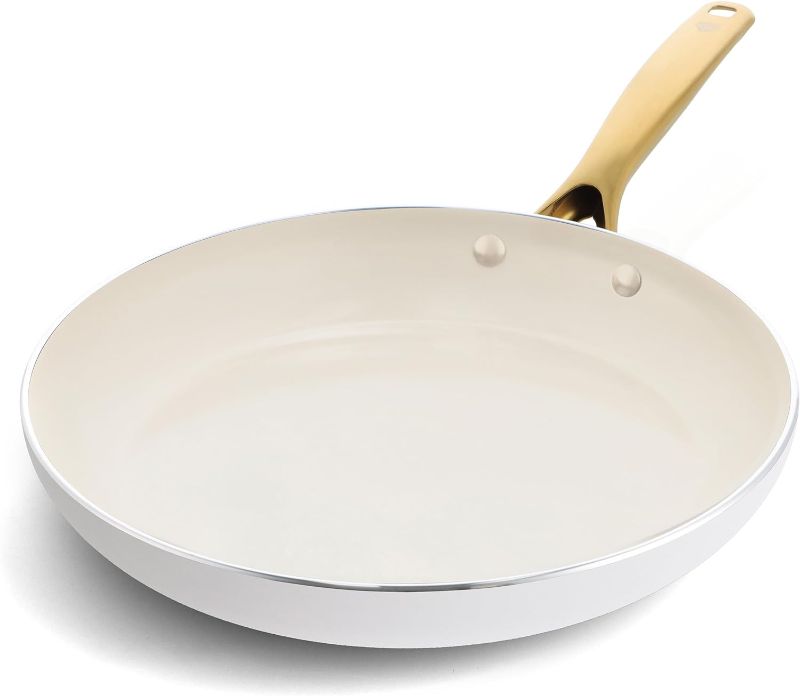 Photo 1 of Blue Diamond 12" White Diamond Frying Pan Skillet, Gold-Tone Handle, Induction Suitable, Diamond Infused Ceramic Nonstick, PFAS-Free, Dishwasher Safe, Oven Safe, White
