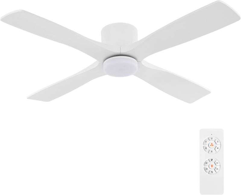 Photo 1 of (NON-REFUNDABLE) WINGBO Ceiling Fan, 60 Inch Flush Mount DC with Lights, 4 Reversible Carved Wood Blades, 6 Speeds, Noiseless, Gloss White, ETL Listed
