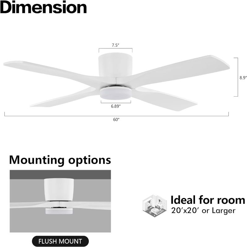 Photo 4 of (NON-REFUNDABLE) WINGBO Ceiling Fan, 60 Inch Flush Mount DC with Lights, 4 Reversible Carved Wood Blades, 6 Speeds, Noiseless, Gloss White, ETL Listed
