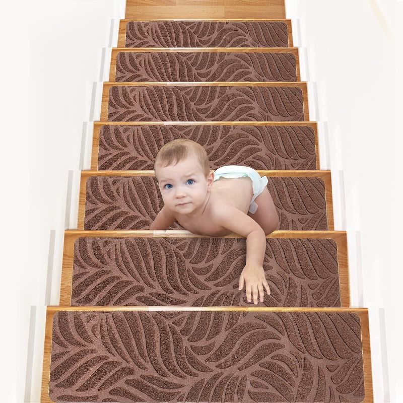 Photo 1 of 15 Pack Non-Slip Carpet Stair Runners Treads for Indoor Wooden Step with Adhesive Peel and Stick Rug Anti Moving Staircase Covers Mats, Reusable Washable Adhesive (15, Brown Leaves, 30X8)
