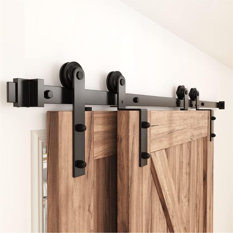 Photo 1 of (READ FULL POST) ZEKOO 6FT Single Track Bypass Sliding Barn Door Hardware Kit for Double Doors, Bypass Barn Door Track Kit, Flat Track Roller, Low Ceiling (6FT)
