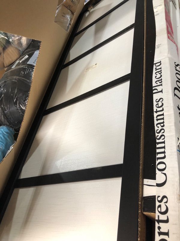 Photo 1 of 60 in. x 81 in. Tranquility 5-Lite Espresso Wood Frame White Back Painted Glass Panels Interior Sliding Closet Door