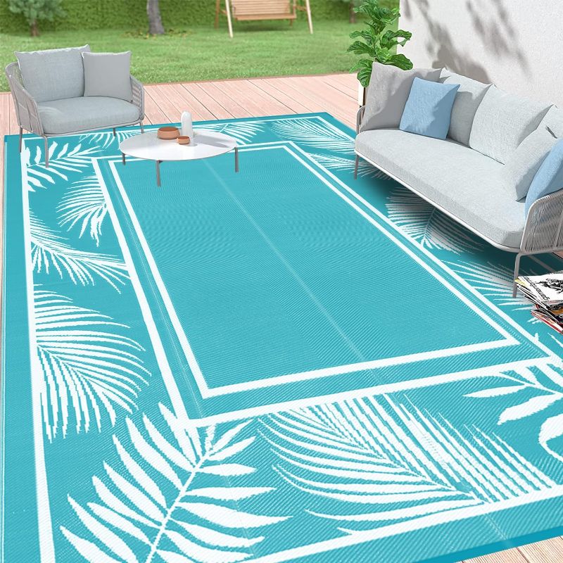 Photo 1 of Bsmathom Outdoor Rugs 9x12 for Patios Clearance, Waterproof Plastic Straw Camping Rug, Portable Large Reversible Mats Outside Rug for Camping, RV, Picnic, Beach, Backyard, Pool Deck,Teal