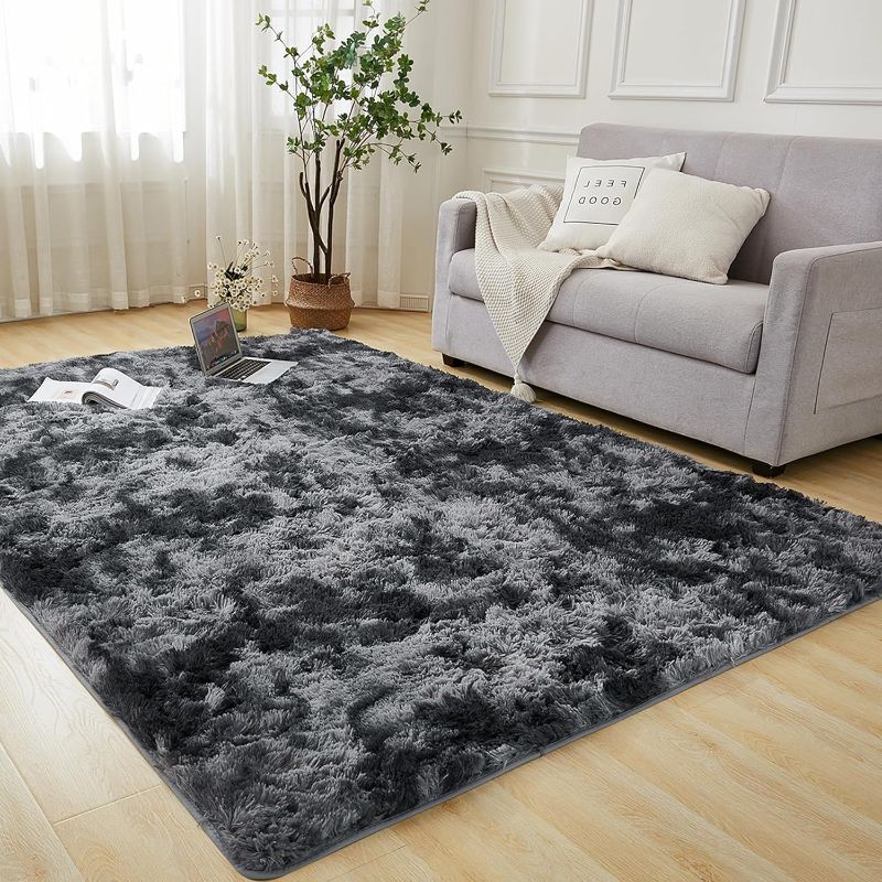 Photo 1 of Andency Shag Fluffy Area Rug 5x8 Feet, Tie-Dyed Dark Grey Anti-Skid Fuzzy Plush Faux Fur Indoor Carpets for Living Room Bedroom, Durable Rectangular Nursery Rug for Kids Room Home Decor Dark Gray 5x8 Feet