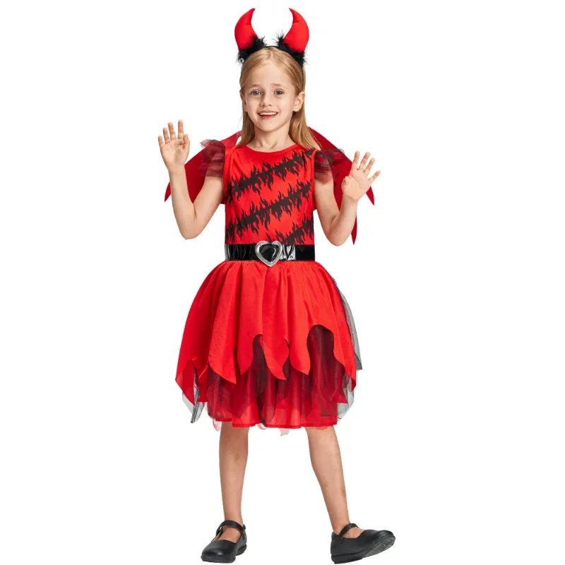 Photo 1 of Girls Halloween Devil Costume, Demon Flame Dress Horns Headband Tail Wings 4 Pcs Set for Kids Carnival Party 8-10 Years
