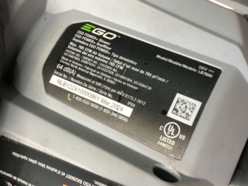 Photo 8 of **READ NOTES, MINOR DAMAGE, SOLD FOR PARTS, NON-REFUNDABLE**
EGO Power+ LB7650 Variable-Speed Turbo 56-Volt 765 CFM Cordless Leaf Blower Battery and Charger Not Included